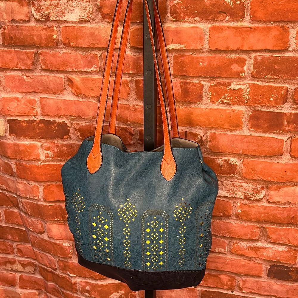 Blue Faux Leather Purse with Yellow Inner Bag